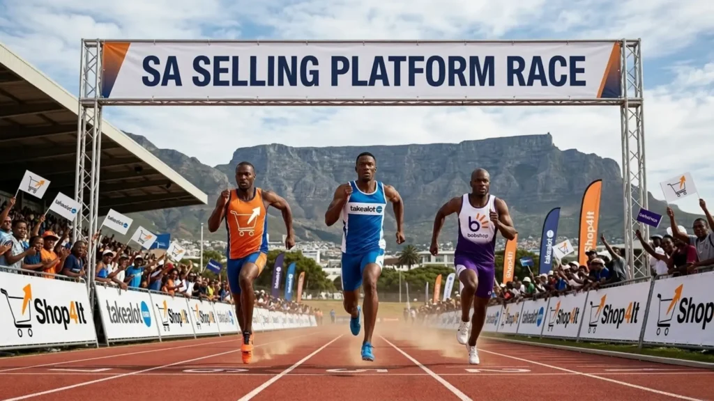 Three athletes representing Shop4It, Takealot, and Bob Shop racing on a track with Table Mountain in the background.