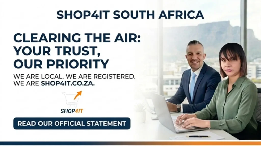 Professional white male and coloured female executives collaborating in a modern office with Table Mountain in the background, featuring the Shop4It logo and official trust statement.