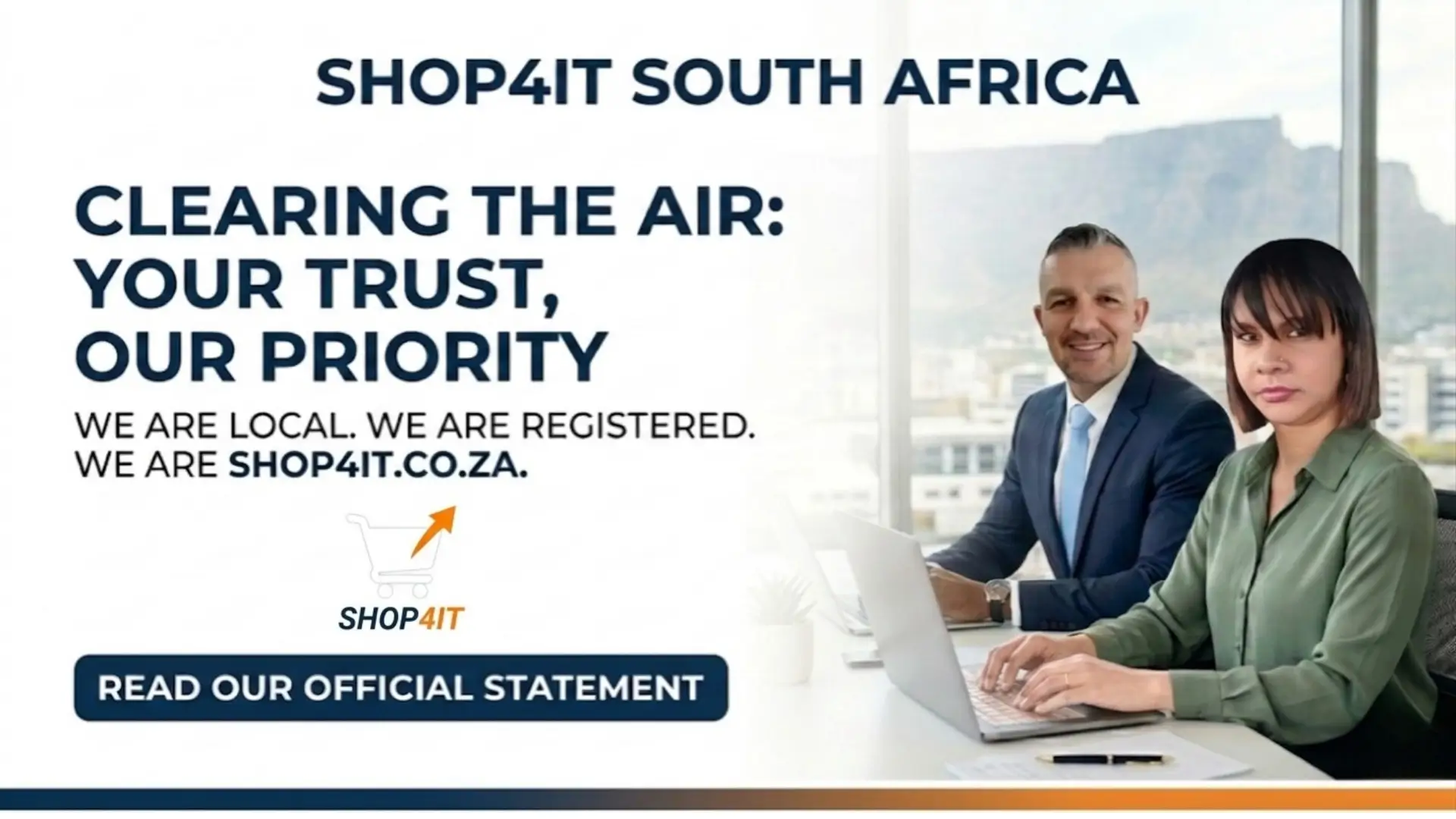 Professional white male and coloured female executives collaborating in a modern office with Table Mountain in the background, featuring the Shop4It logo and official trust statement.