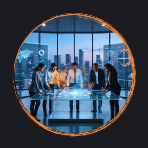 Diverse team of professionals collaborating around a futuristic glowing holographic glass table displaying orange and blue tech circuit patterns and data networks in a modern office.